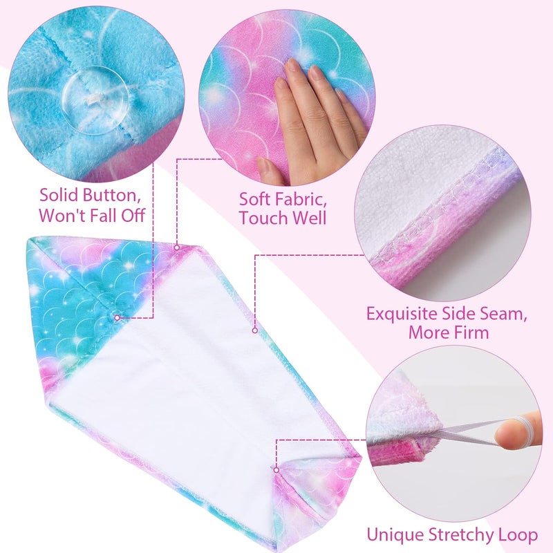 Basumee Microfiber Hair Towel Wrap for Kids 2 Pack Rapid Drying Hair Towel with Button Hair Turbans for Wet Hair Wraps Head Towel Wrap for Women and Girls, Light Mermaid - Image 4